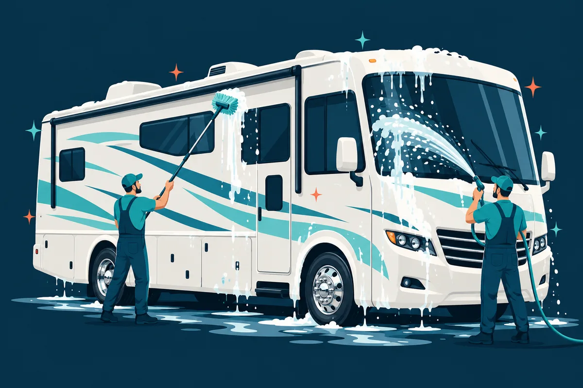 Technicians hand washing a Class A motorhome